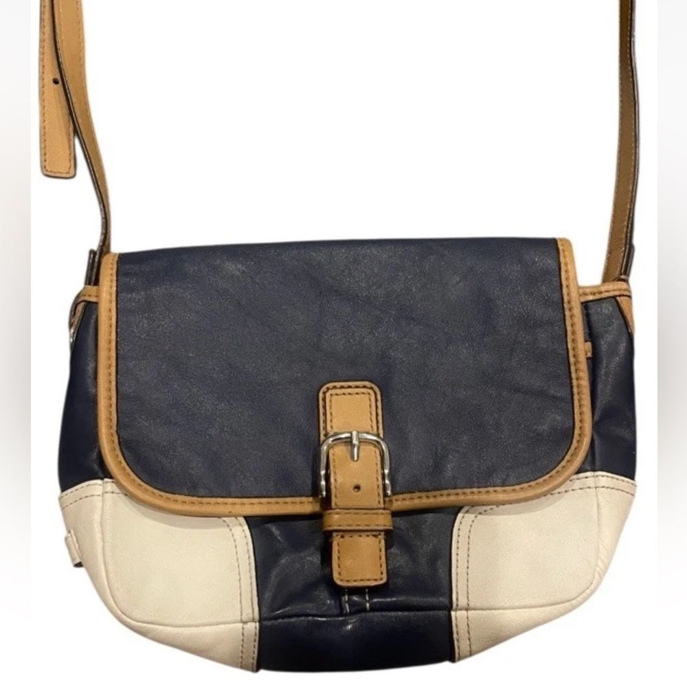 RARE! VTG Coach Hadley Crossbody Shoulder Bag Purse Navy White Leather Buckle - Picture 2 of 16
